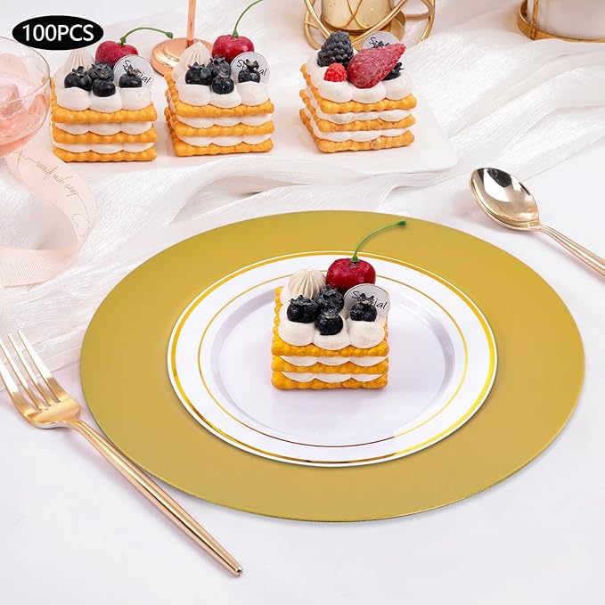 100 Pcs Antique Charger Plates Bulk, 13in Reusable Serving Plates Embossed Rim Plastic Party Dinner Plate Chargers Round Decorative Server Plate for Wedding Party Event Tableware