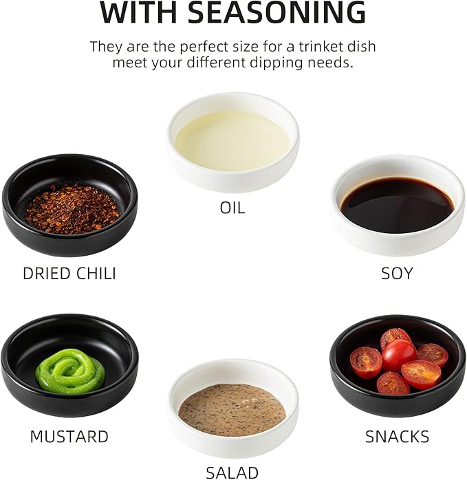 Dipping Bowls Set, Ceramic Dipping Sauce Dishes, 2 oz Soy Sauce Dish, Side Dish Bowls, Small Bowl/Dish for BBQ, Condiments, Appetizer, Dessert, Sushi, Set of 6 (Black)