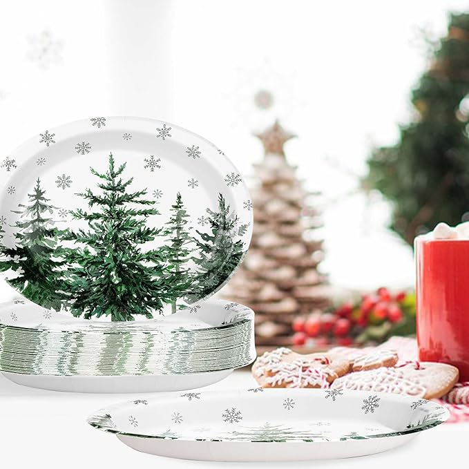 50Pcs Christmas Tree Oval Paper Plates 10" x 12" Large Heavy Duty Xmas Snowflake Disposable Plates Holiday Dessert Platters for Winter Wedding Birthday Dinner Party Decoration Kitchen Table Decor