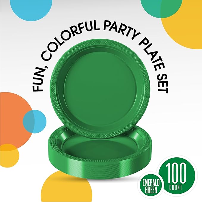 Emerald Green Plastic Plates For Party 7" Emerald Green Disposable Plates Heavy Duty 100 Pcs Plastic Dinnerware Sets Heavy Duty 350 GSM Disposable Dinnerware Set