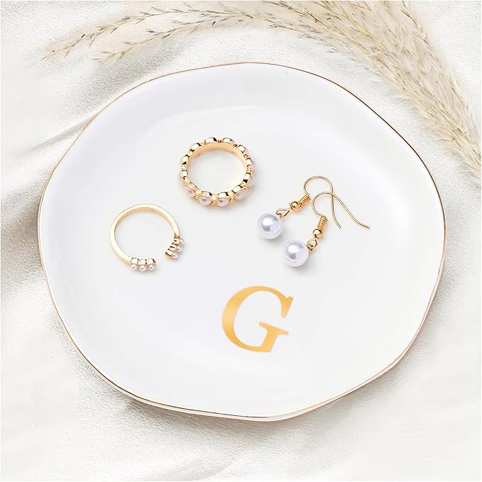 ProCase Ceramic Jewelry Tray, Initial Ring Dish Trinket Plate Engagement Gift, Small Personalized Monogram Ring Bowl for Wedding, White Decorative Jewelry Holder for Women Vanity -Letter G