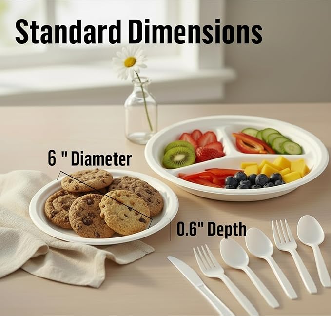 Small Compostable Heavy Duty Disposable Paper Plates, 600 Count | 6 Inch Round | Natural Bagasse, White Biodegradable Eco-Friendly Sugarcane Sandwich, Cake, Snack Dessert Tray