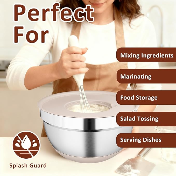 9 Pack Mixing Bowls with Airtight Lids Set, Stainless Steel Mixing Bowls with Grater Attachments, Nesting Kitchen Bowl Set with Non-Silp Bases, Size 7, 4, 3, 2, 1.5,1QT, Multi