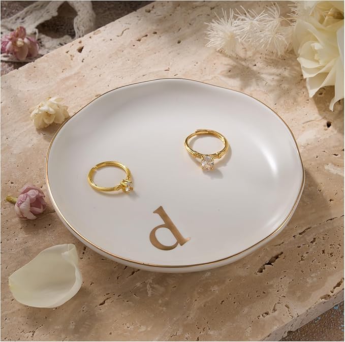 Lolalet Handmade Ceramic Ring Dish Jewelry Tray Plate with Initial, Small Monogram Gift for Her Women Girls Mother, Hostess, Engagement, Bridal Shower, Maid of Honor, Bridesmaid, Birthday, Christmas