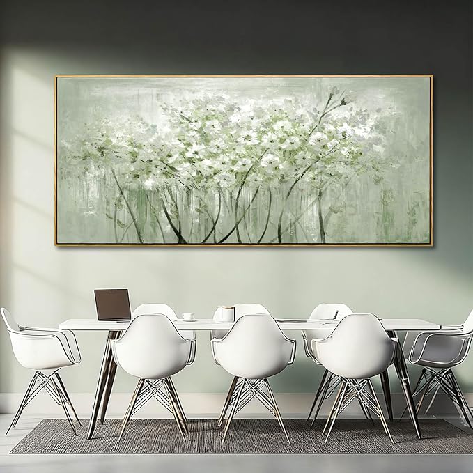 MLART99 Soft Green and White Floral Canvas Extra large Flower Wall Art Texture Botanical Print Plant Posters- 32x70 Inch Modern Home Decor for Living Room Entryway