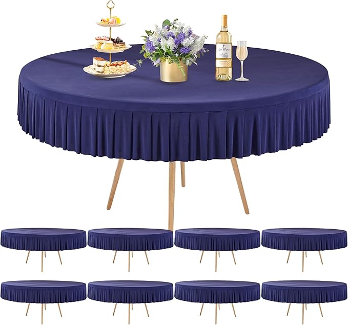 8 Pack Navy Blue Spandex Round Tablecloths for 60 Inch Tables, Stretchy Fitted 5FT Cloths, Wrinkle-Free Cover With Skirt for Wedding, Party, Dining, Banquet