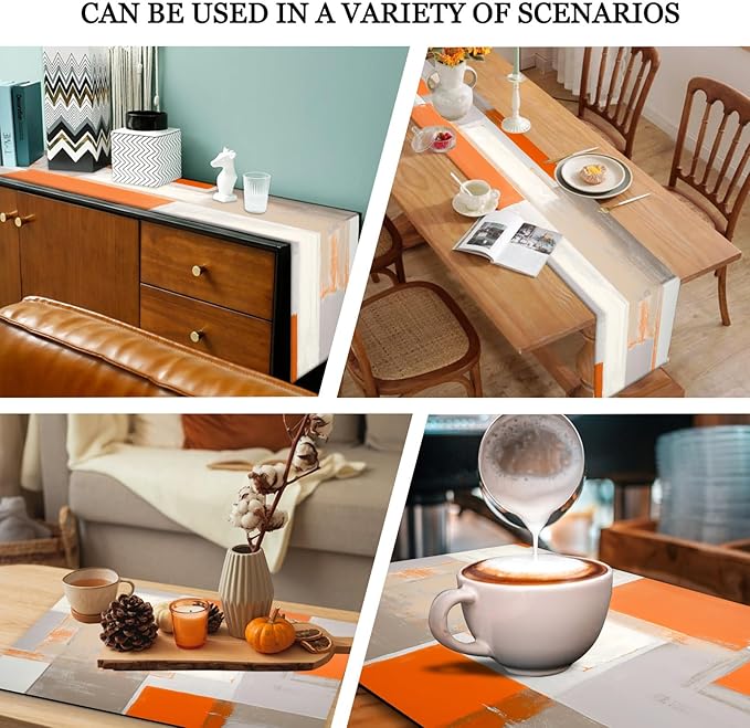Mcalk Orange Table Runner and Placemats Set of 6, Abstract Brown Placemats, Modern Cloth Place Mats Indoor for Kitchen,Washable Linen Material for Dining Table
