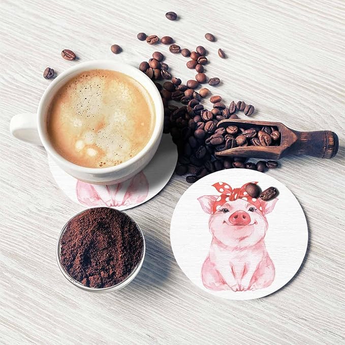 Cute Pig with Bandana Coasters for Drinks Cartoon Animal Sketch Portrait Sit Lovely Adorable Farm for Tabletop Protection Coffee Table Living Room Kitchen Office Home Decor 2 Pcs,4 Inch