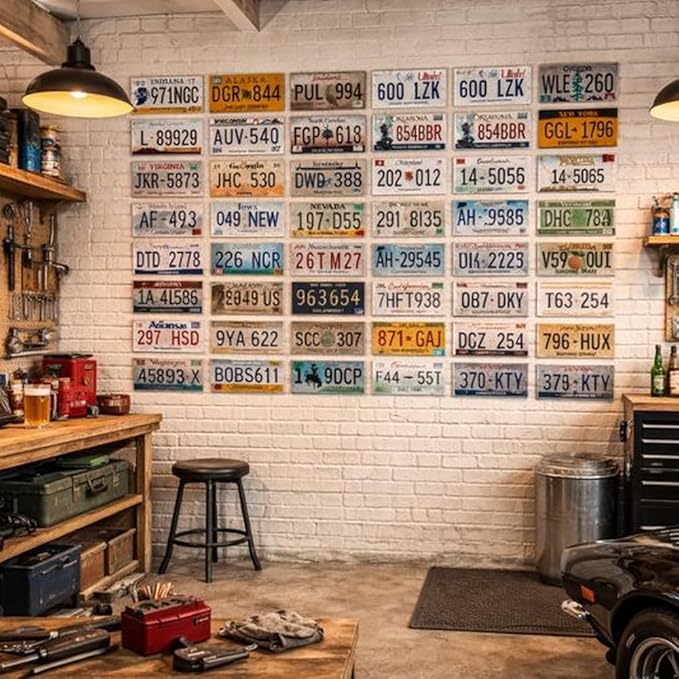 Vintage License Plate Wall Decor Set (Decorative Use Only), 50 US State Metal Signs, 6 x 12 Inch Embossed Retro Plates for Garage Decor, Man Cave Decor