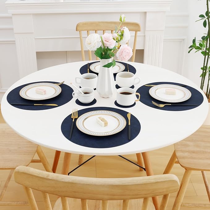 Homaxy Round Faux Leather Placemats and Coasters, Washable Dual-Side Table Mats, Wipeable Heat-Resistant Dining Place Mats for Outdoor and Indoor, Set of 8, Diameter 13 and 3.93 inch, Navy Blue