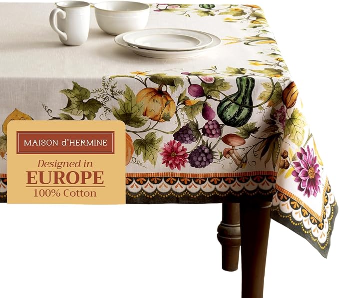 Maison d' Hermine Table Cloth Rectangle Table 100% Cotton 54 x 72 Inches Fall Tablecloth Reusable Everyday Use for Thanksgiving Christmas Decorations Dining Farmhouse (Pumpkin Garden - Cloudy Cream)