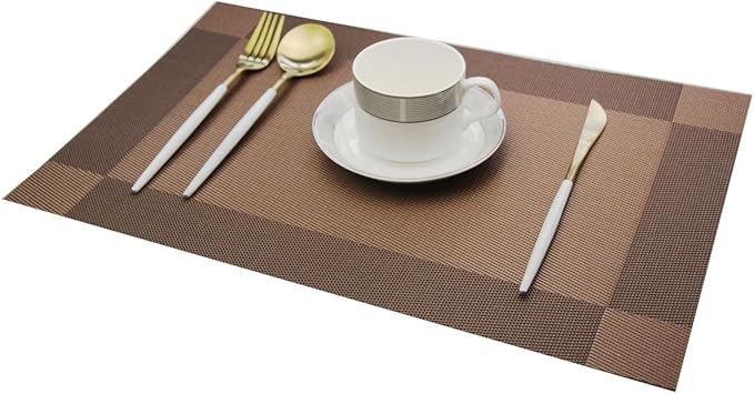 Placemats Washable Easy to Clean PVC Placemat for Kitchen Table Heat-resistand Woven Vinyl Table Mats 12x18 inches Set of 6 （Brown）