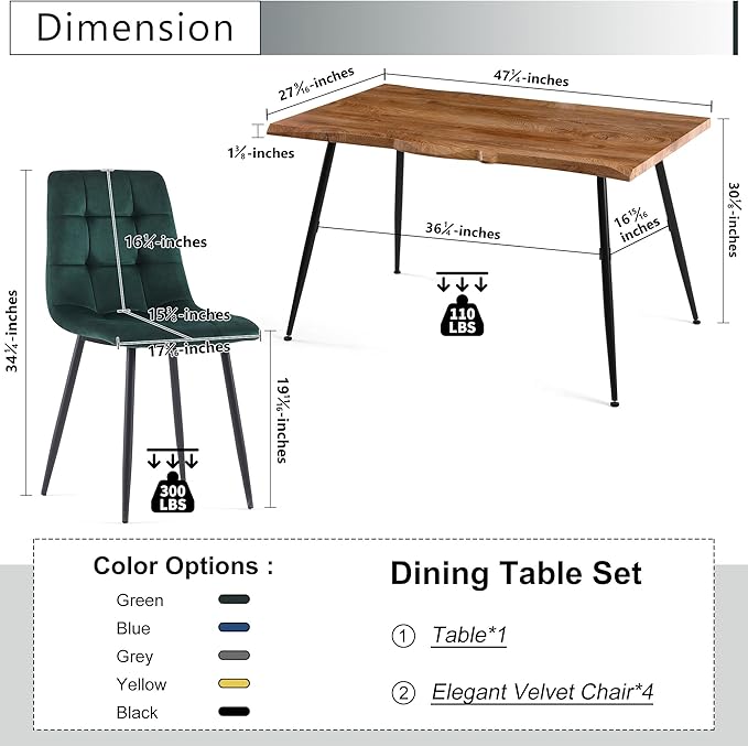 Rectangular Dining Table Set with Upholstered Chairs - Modern Kitchen Table and Chairs Set of 4 for Small Spaces - Green