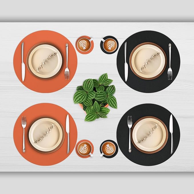Myir JUN Round Placemats Set of 6 Faux Leather Place Mats and Coasters 15 inch Round Table Mats Dual Sided Non-Slip Stain Resistant Placemats (Black & Orange, Set of 6)