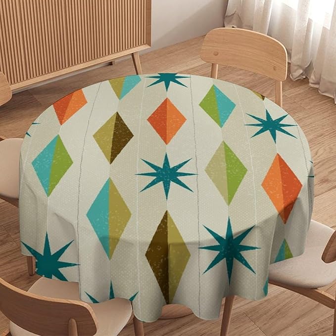 Mid Century Round Tablecloth, Modern Colorful Abstract Geometric Retro Art Printed Tablecloth for Home Party Dining Room Kitchen Decor 50Inch(127cm)
