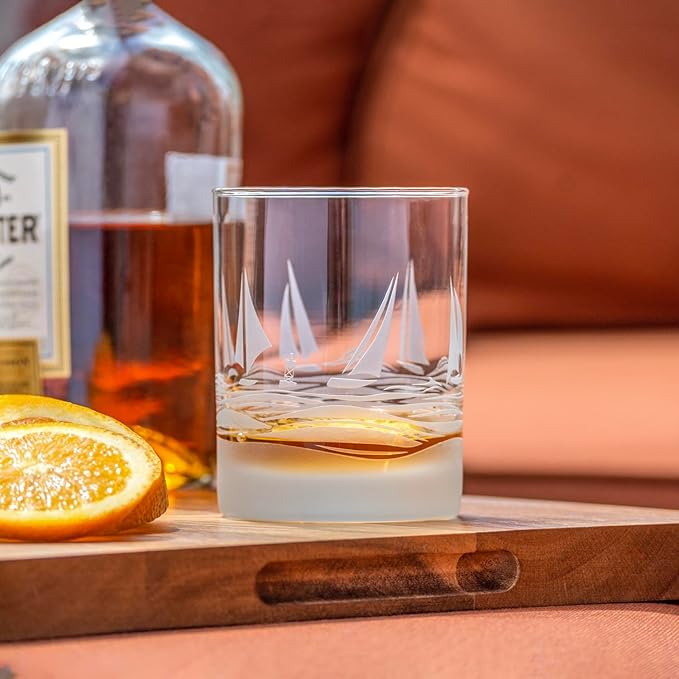 Rolf Glass Regatta 13oz Double Old Fashioned Glass | Set of 2 Whiskey Cocktail Tumblers | Engraved and Lead-Free | Made in the USA | Nautical Sailboat Design