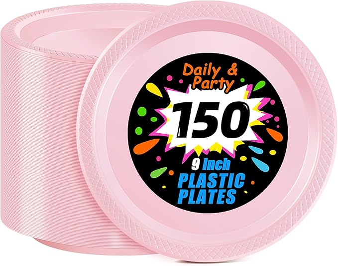 WELLIFE Pink Plastic Plates 9 Inch -150 Count for Party, Disposable Plastic Party Plates for Valentine's Day Easter Mother's Day Baby Shower Dinner Dessert Cake Light Pink