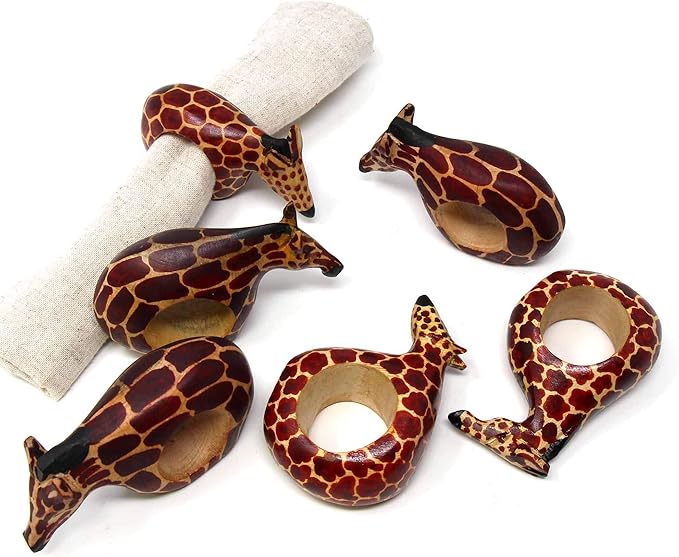Global Crafts Handcarved Mahogany Wooden Napkin Ring Holders, Giraffe, Set of 6 (KWF012_G)