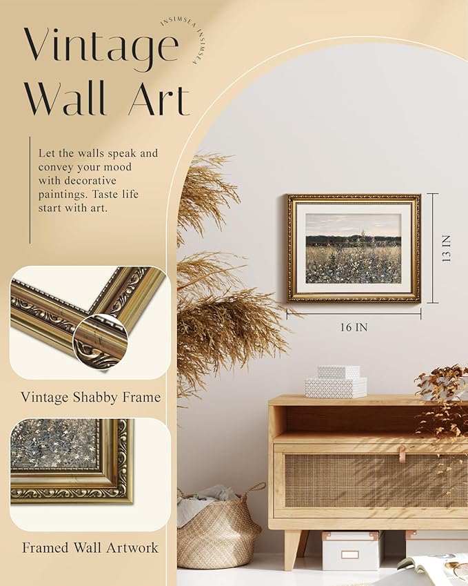 InSimSea Gold Picture Framed Wall Art, Living Room Bathroom Vintage Meadow with Flowers Pictures Wall Decor, Canvas Print Art, Home Farmhouse Decor, Antique Paintings with Frames 13x16inch