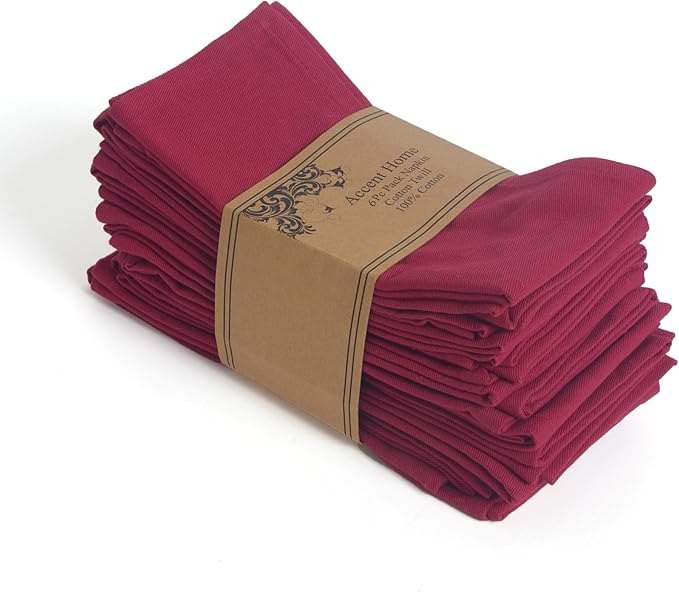 ACCENTHOME Accent Home 100% Cotton Napkins, Delicate Cloth Napkins for Dinners, Parties and Weddings，18 x 18 Inch Set of 6 - Burgundy