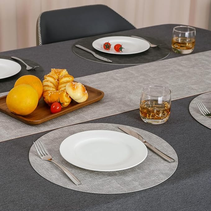 Myir JUN Reversible Vinyl Round Placemats Set of 4, Faux Leather Place Mats Dual Sided Waterproof Oilproof Wipeable, Heat-Resistant Table Mats for Kitchen Dining Indoor Outdoor (14", Light Gray Gray)