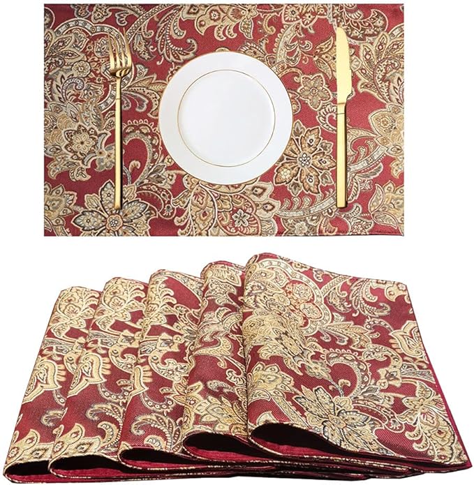 Luxury Retro placemats for Dinner Table Set of 6,Machine Washable Fabric Placemats Non-Slip Heat Resistant Indoor Dining Table mats placemats (Red, Set of 6)