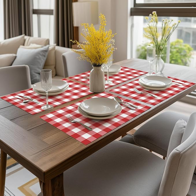 Artoid Mode Buffalo Plaid Vinyl Placemats Set of 4, 12x18 Inch Washable Non-Slip Heat Resistant Plastic Place Mats for Party Dining Table, Red/White