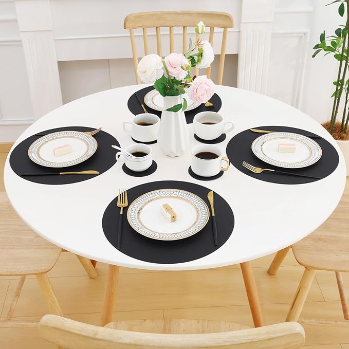 Homaxy Round Faux Leather Placemats and Coasters, Washable Dual-Side Table Mats, Wipeable Heat-Resistant Dining Place Mats for Outdoor and Indoor, Set of 4, Diameter 13 and 3.93 inch, Black