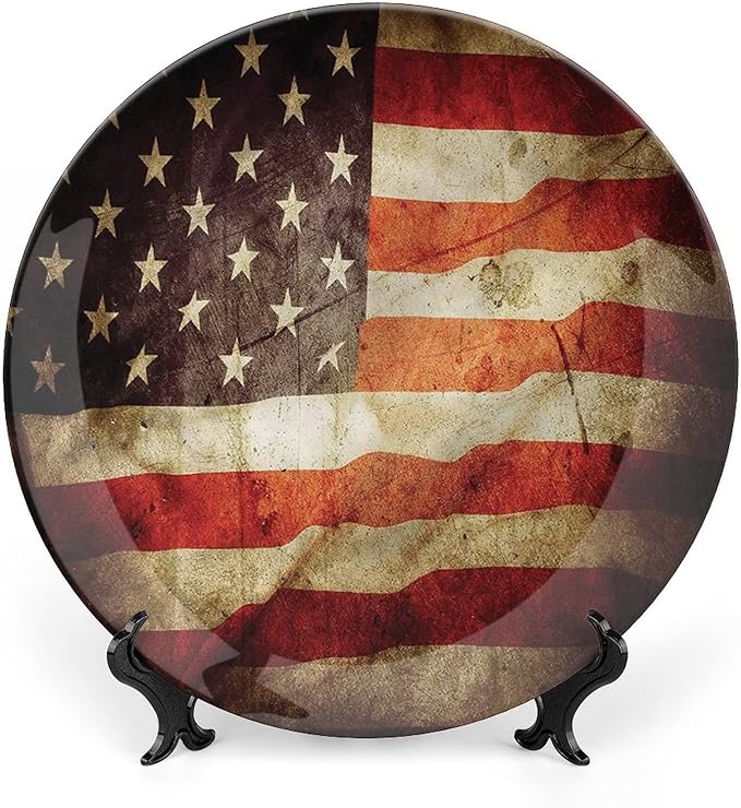 Decorative Plates, American Flag Print Ornament, Grunge Look Patriotic, 6 Inch, Kitchen Wall Decor, Multicolor