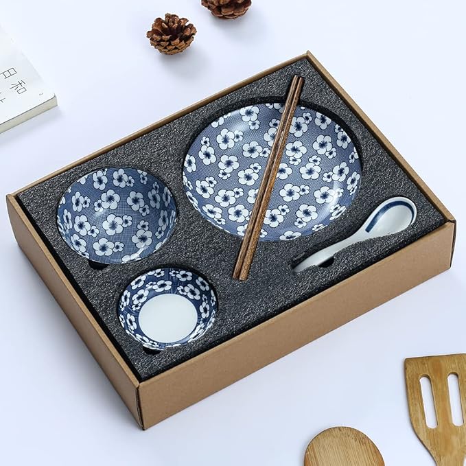Gegong Blue and White Porcelain Dinnerware Set, Dishes, Bowl, Spoon, Chopsticks, Service for 1, Colorful Glazed Ceramic Set, Gift Box Packaging (Spring Sakura)