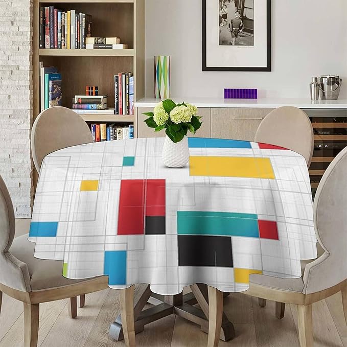 Mid Century Round Tablecloth, Abstract Geometric Mid Century Retro 50S 60S Tablecloth for Home Party Dining Room Kitchen Decor 70Inch(178cm)