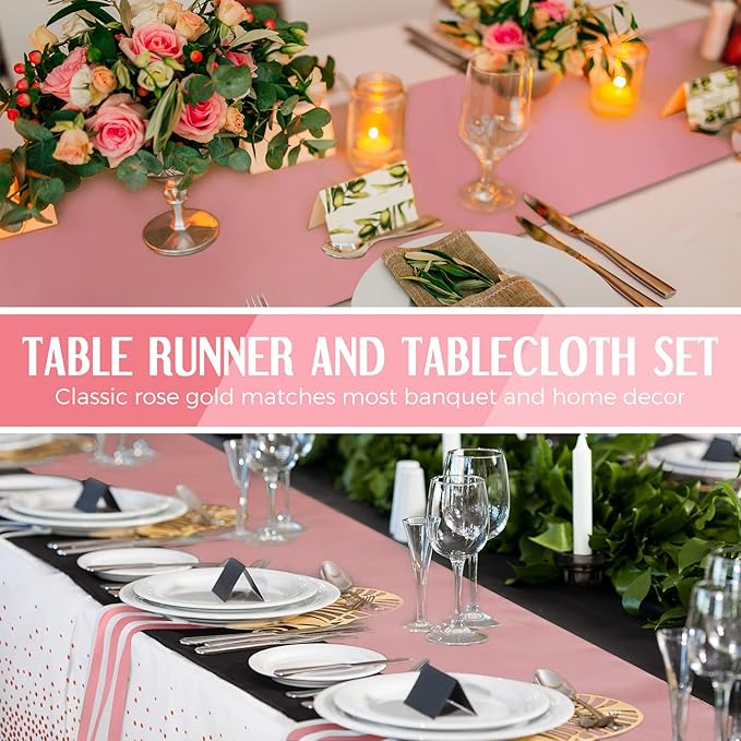 Breling 24 Packs White and Rose Gold Disposable Plastic Tablecloths and Satin Table Runner Set, 54 x 108 Inch Tablecloth, 12 x 108 Inch Table Runners for Wedding Graduation Birthday Baby Shower