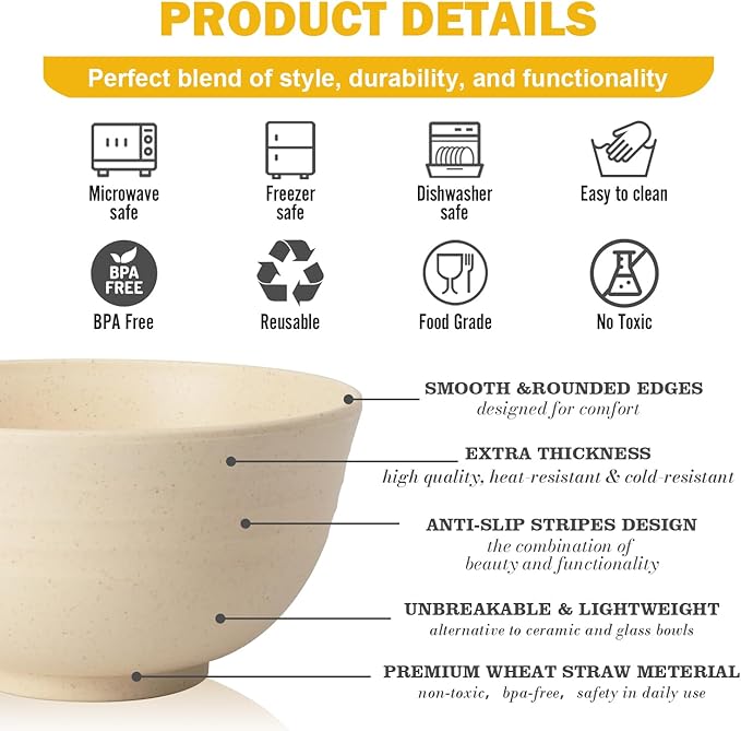 Wheat Straw Mini Bowls Set of 6, Unbreakable 10 OZ Dessert Bowls for Yogurt, Appetizers, Ice Cream, Plastic Bowls Microwave & Dishwasher Safe, Beige