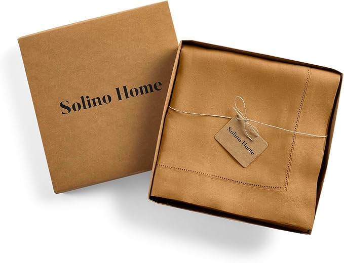 Solino Home Brown Sugar Linen Tablecloth 60 x 90 Inch - Classic Hemstitch, 100% Pure Linen Rectangular Tablecloth - Machine Washable Table Cloth