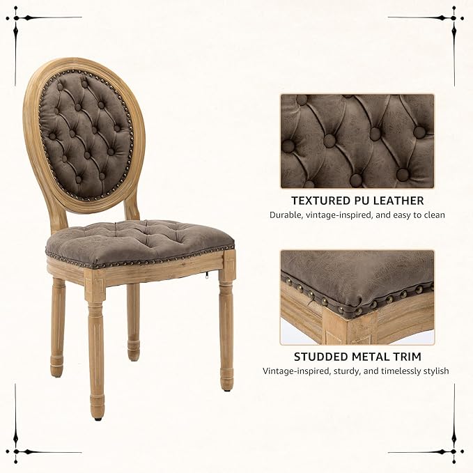 Vintage French Dining Chairs Set of 8, Round Back PU Leather Upholstered Accent Chairs with Nailhead Trim and Solid Wood Frame, Farmhouse Sillas de Comedor for Dining Room & Kitchen, Distressed Brown