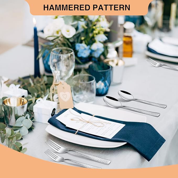 Hammered Silverware Set, 40 Pieces Stainless Steel Square Flatware Set for 8, Mirror Polished Tableware Cutlery Set for Home Kitchen Restaurant, Kitchen Utensils Set, Modern Design, Dishwasher Safe