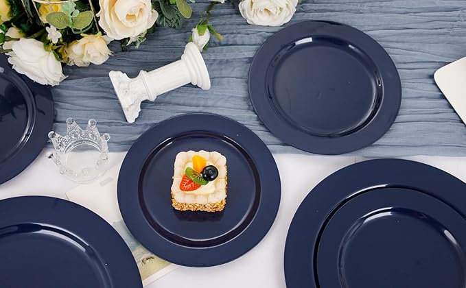 FLOWERCAT 100PCS Blue Plastic Plates - Heavy Duty Blue Disposable Plates for Possover Party/Wedding/Hanukkah - Include 50PCS 10.25inch Dinner and 50PCS 7.5inch Dessert/Salad Plates for 50 Guests