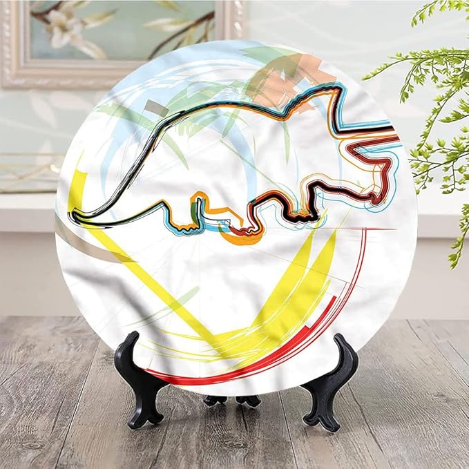 Ceramic Plates, Dinosaur Decorative Ceramic Plates, Triceratops Sketch Lines, 7 Inch, Household Plates Decorative, Multicolor