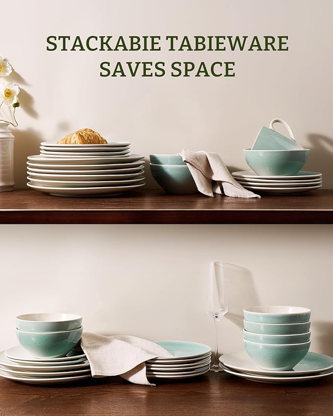Famiware Glacier Stoneware Dinnerware Sets, Plates and Bowls Sets, 12 Pieces Kitchen Dishes Set for 4 - Dishwasher and Microwave Safe, Chip and Scratch Resistant, Aqua