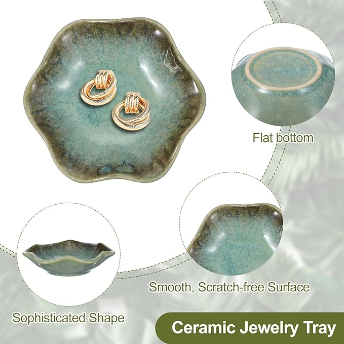 uxcell 2Pcs Ceramics Jewelry Plate, Lotus Leaf Shape Key Holder Bowl for Entryway Table Decor Small Ring Tray Dish Gift for Women Girlfriend, Grass Green
