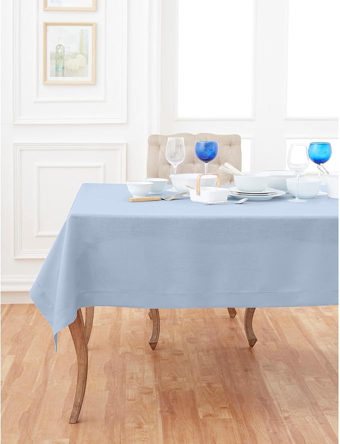 Solino Home Linen Tablecloth for Rectangle Tables 60 x 132 Inch - Classic Hemstitch 100% Pure Linen Sky Blue Table Cloth - Machine Washable Cloth Tablecloth for Spring, Easter