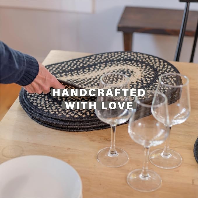 Homespice Manchester Jute Braided Oval Placemats, Country Primitive Decor, Set of 6, 13x19 Black and Tan Table Mats - Vibrant Colors, Durable, Easy to Clean and Protects Furniture