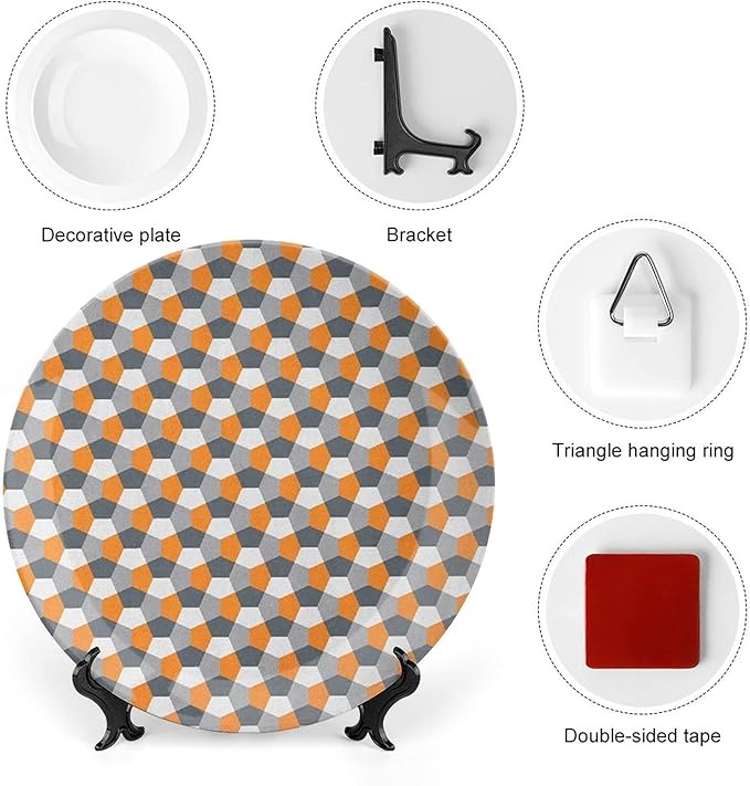 Decorative Plates, Abstract Print Ornament, Modern Style Mosaic Tile with Hexagonal Shapes, 8 Inch, Kitchen Wall Decor, Grey Charcoal Grey Orange