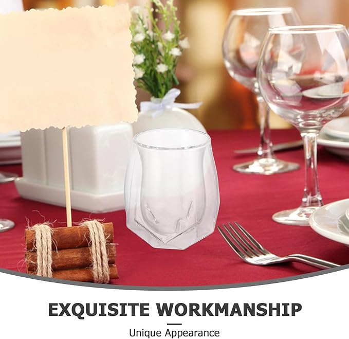 Double Wall Whiskey Glass with Pentagonal Base, Creative Small Tumbler for Home Parties, Ribbed Insulated Glassware for Women and Cocktail Enjoyment