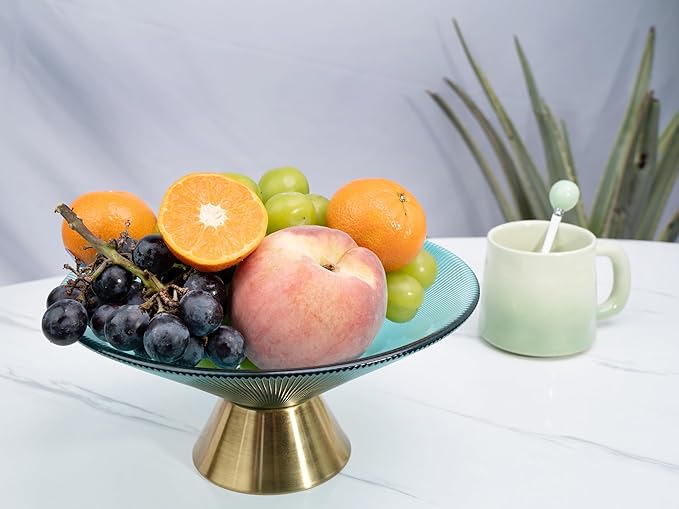 Tapered Glass Decorative Bowl (Blue), 9.8 Inches Handblown Striped Design Fruit Bowl with Rust-Resistant Metal Base for Home Decor, Table Centerpiece, Kitchen Island and Dining Decor