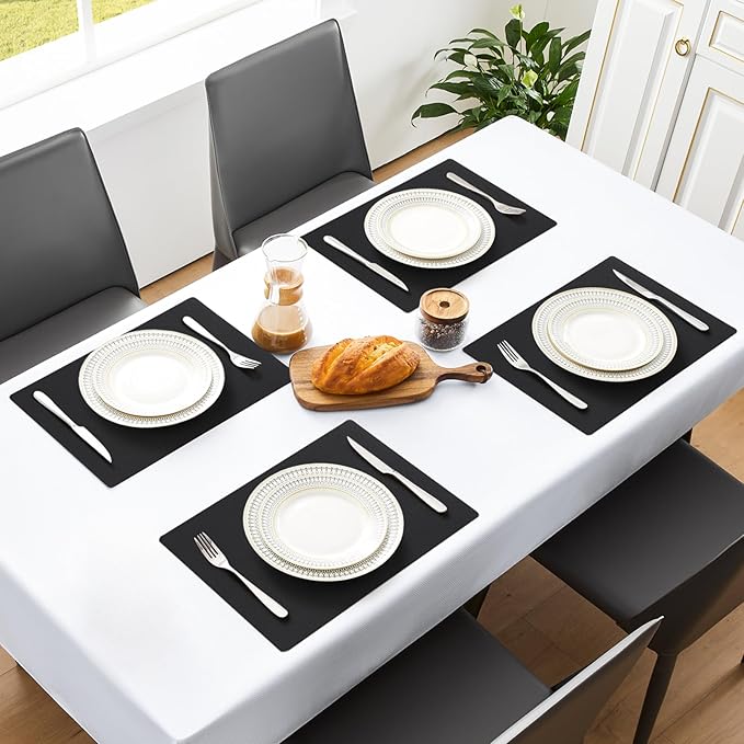 MOSAYT Vinyl Placemats Set of 4, Heat Resistant Place Mats 100% Waterproof Washable & Wipeable Faux Leather Reversible Table Mats for Kitchen Dining Party Indoor Outdoor, 12" x 17", Black