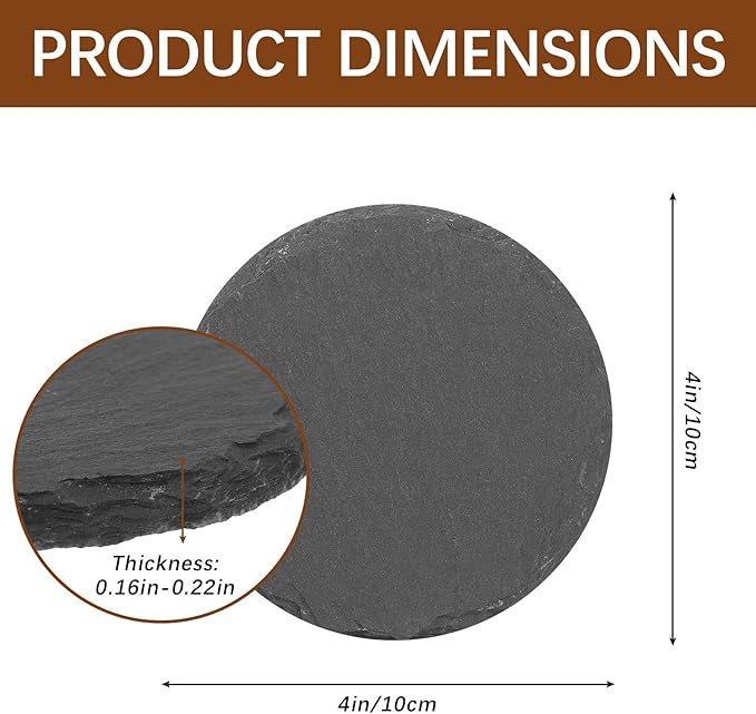 48 PCS Black Natural Slate Coasters Bulk Set 4 Inch Laser Engraving Blanks with Anti Scratch Bottoms for Home, Office, Bar, Gifts Round