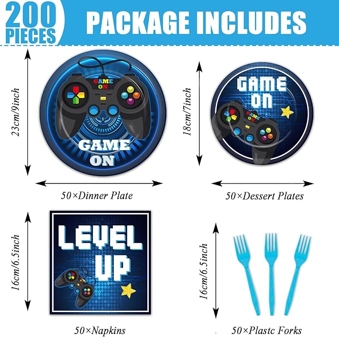 gisgfim 200 Pcs Video Game Party Favors Supplies Paper Plates and Napkins Gaming Birthday Party Decorations for Kids Gaming Serves 50