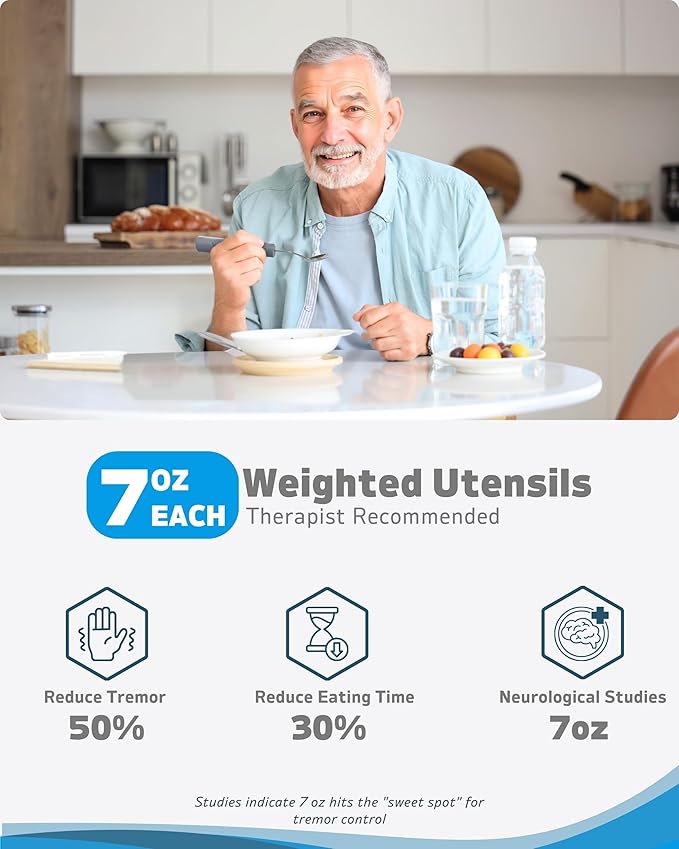 Adaptive Utensils (4-Piece Set) Weighted 7 Oz Each- Weighted Utensils for Hand Tremors and Parkinson's Patients - Weighted Silverware for Hand Tremors, Weighted Spoons