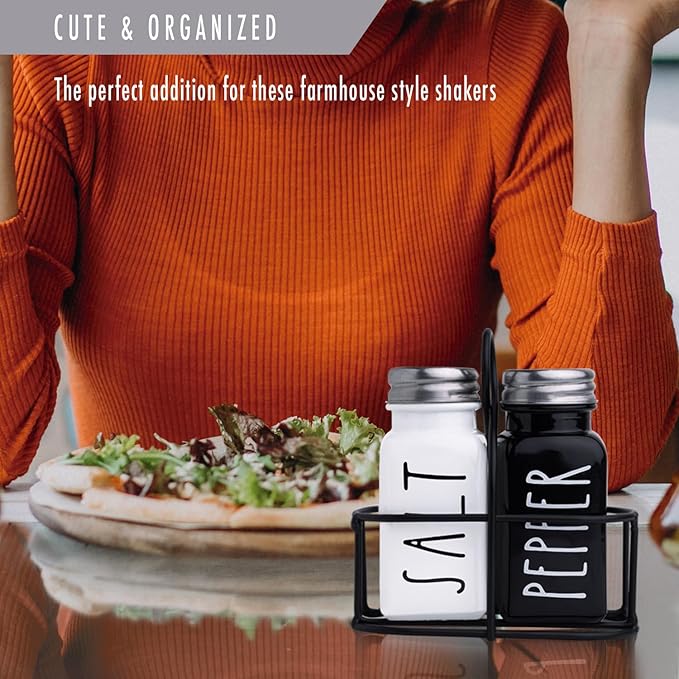 Farmhouse Salt and Pepper Shakers Set, a cute black and white premium glass shakers with stainless steel lids in a black metal holder, perfect for adding a vintage kitchen decor charm, great as a gift